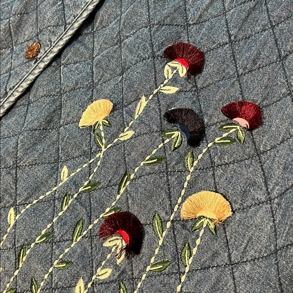 Vintage Quilted Chambray Jacket Womens 2X Boho Grandma Cottagecore Embroidered - Picture 9 of 12